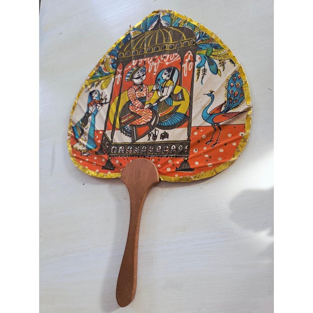 Vintage Air India Fan 1950s Collectible Route Map Wooden Handle Souvenir